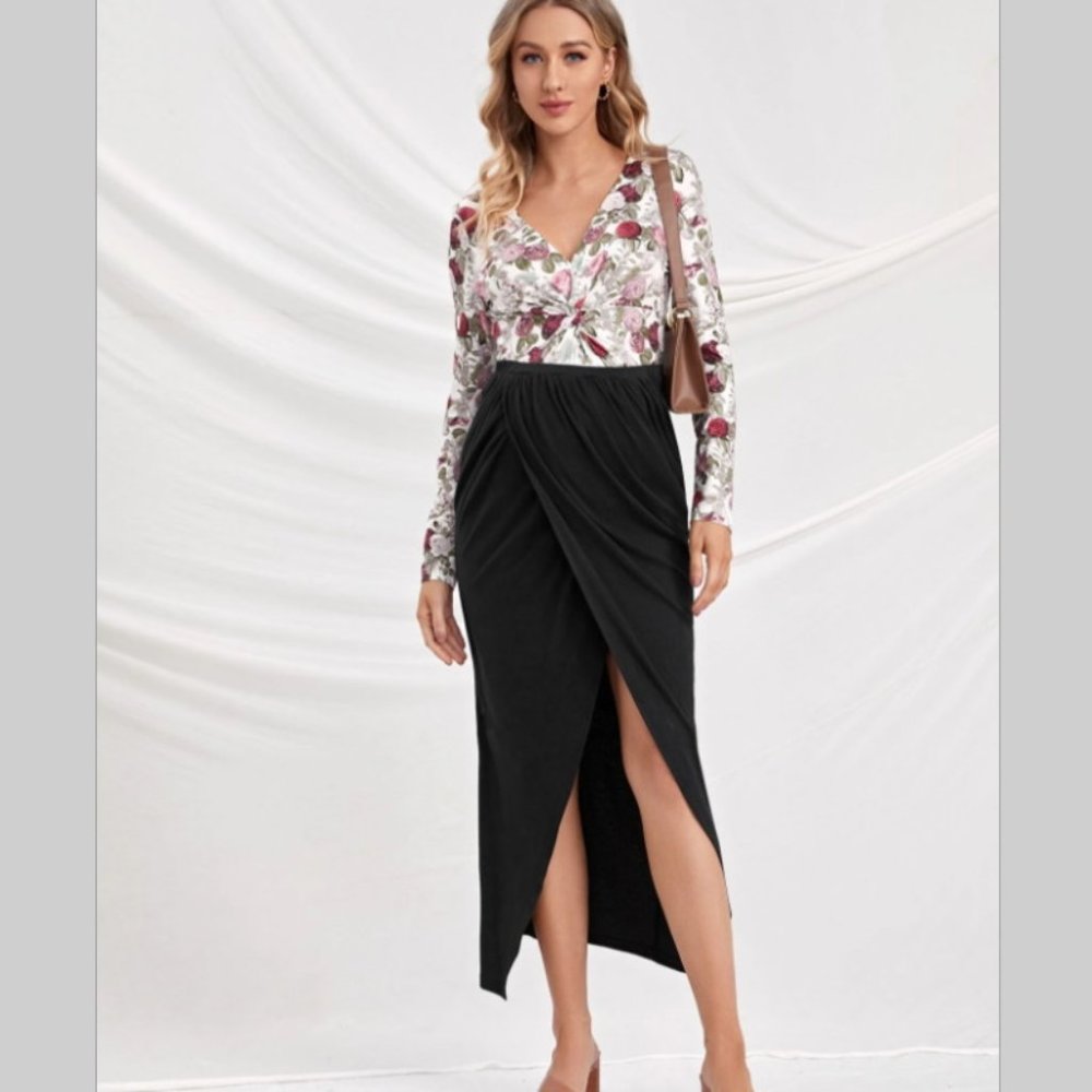 NWT Maternity skirt black long elastic waist wrap work occasional with split - Picture 4 of 6